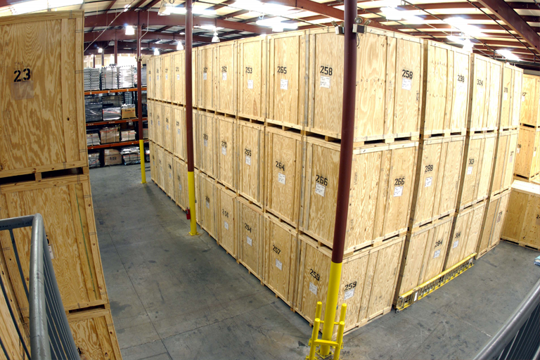 Boxes stacked up in a storage unit