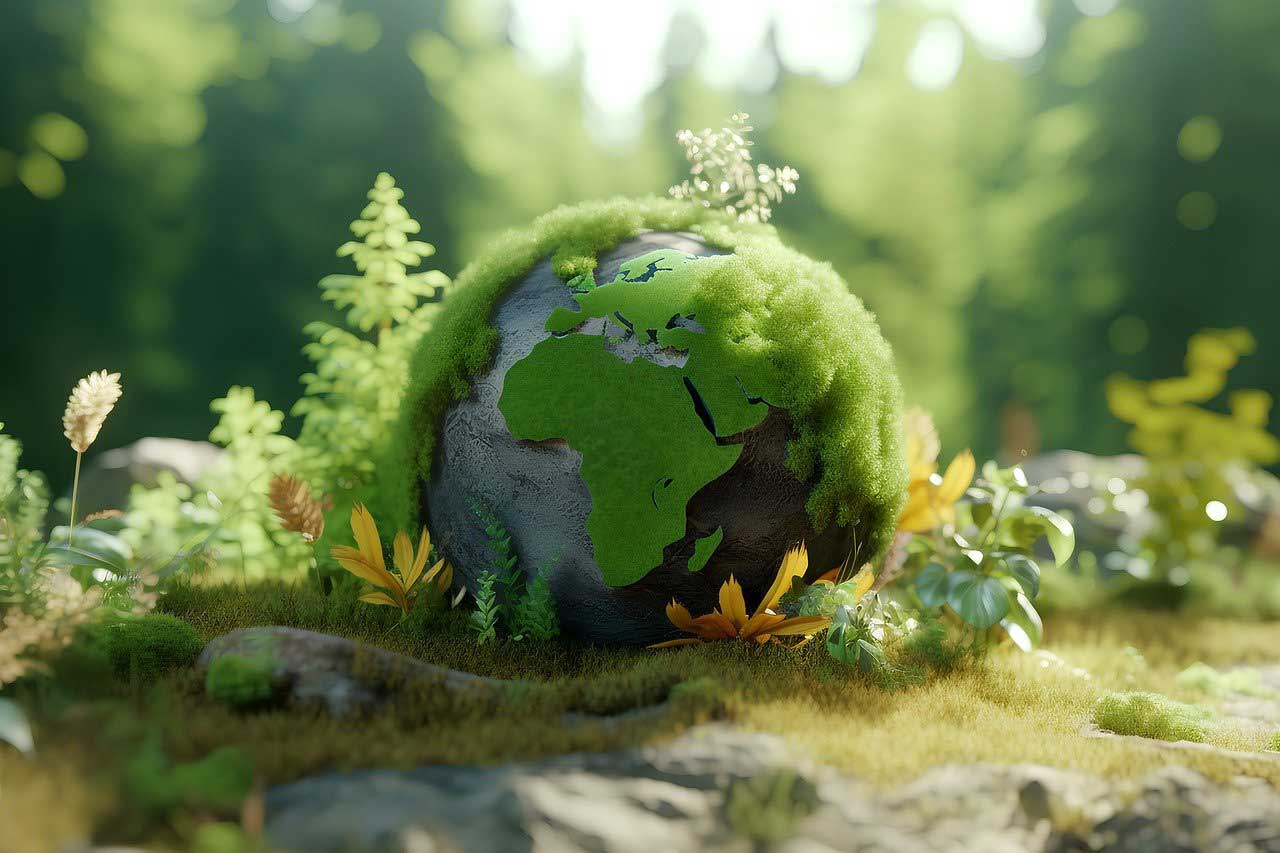 3D render of a globe made out of a rock and moss